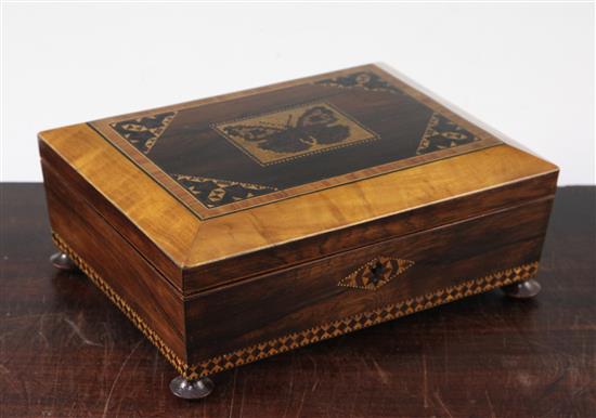 A Tunbridge ware rosewood butterfly mosaic box, 8.25in.